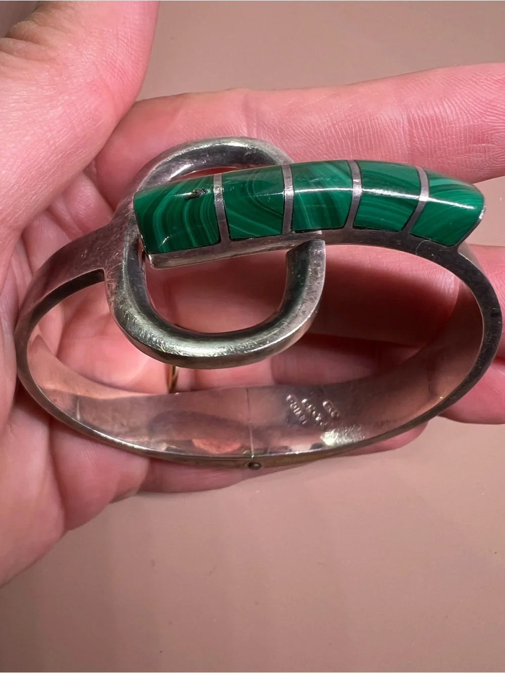 950 Silver Cuff Bracelet with Green Malachite Inlay